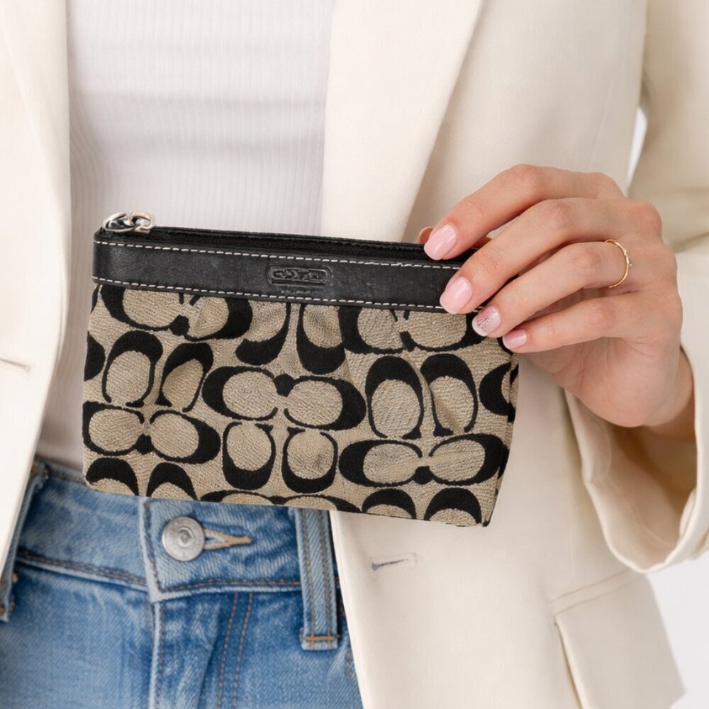 Coach Signature Canvas Wristlet Pouch – Black & Khaki Zip Clutch